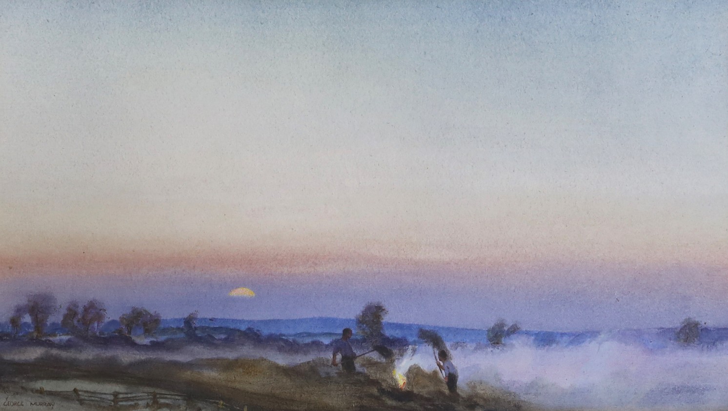 George Murray (1875-1933), watercolour, Figures burning hay at sunset, signed, 20 x 34cm